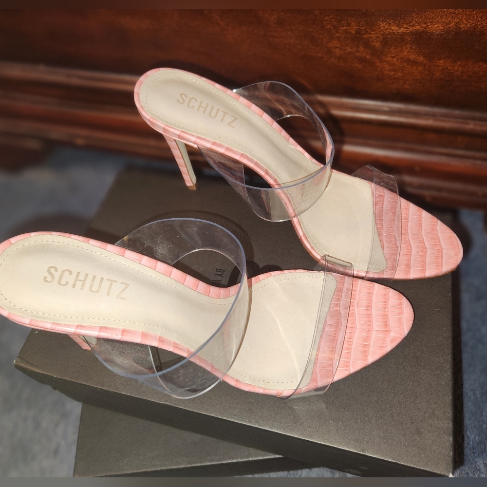 SCHUTZ PINK REPTILE LEATHER & LUCITE DOUBLE STRAP SLIDE SANDALS 10 NEW